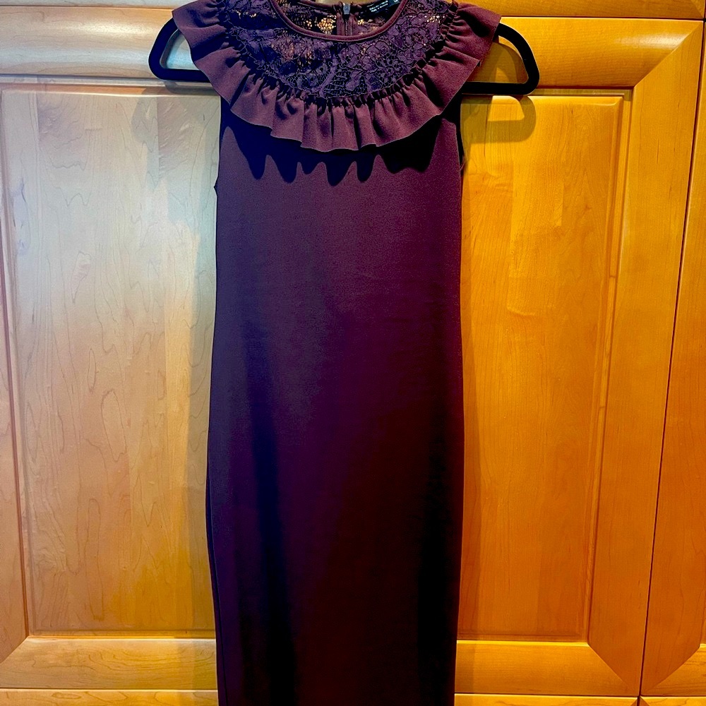 Zara Collection Burgundy Midi dress Lace Detail Collar New with Tags Size Small